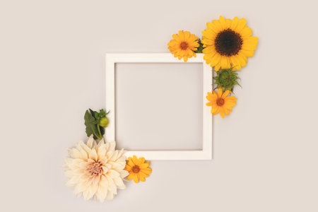 Square frame made of sunflowers, arnica and dahlia flowers on a gray background. Place for your design.の写真素材