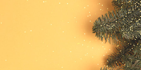 Banner with nobilis fir branches and shiny bokeh on a gold glowing background. Place for text.の写真素材