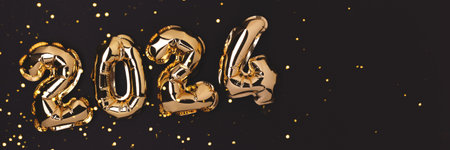 Banner with 2024 golden inflatable balloons on a black background with copy space. New Year concept.の写真素材