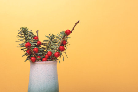Bouquet of nobilis fir and winterberry branches in a vintage vase in front of gold background. Place for text.の写真素材