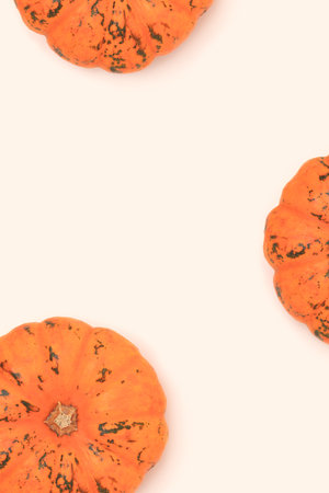 Decorative orange pumpkins on a beige background. Place for text.の写真素材