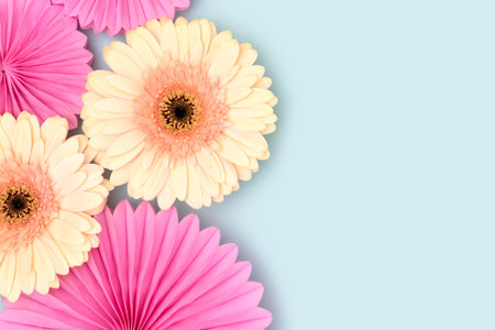 Frame made of gerbera flowers and tissue paper fans on a blue background. creative concept.