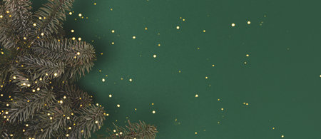 Banner with nobilis fir branches on a green background. Place for text. Selective focus.の写真素材