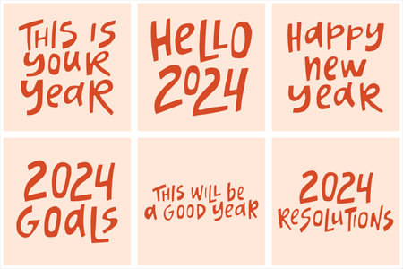 Set of hand-drawn quotes about New Year 2024. Illustrations for posters, greeting cards, etc.