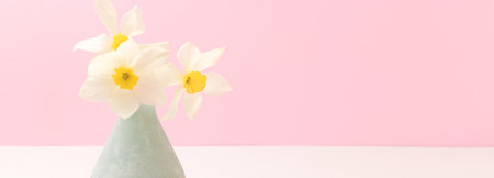 Banner with bouquet of white narcissus flowers in front of pink background.