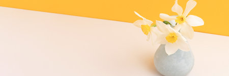 Banner with bouquet of white daffodil flowers in front of yellow background.の写真素材