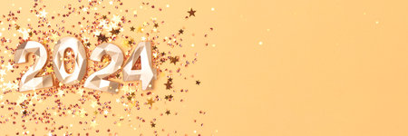 Banner with 2024 numbers and glittering stars confetti on a golden background. New Year concept with place for your design.の写真素材