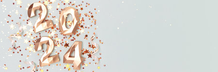 Banner with 2024 golden numbers, ribbons and stars confetti on a blue background. New Year festive...