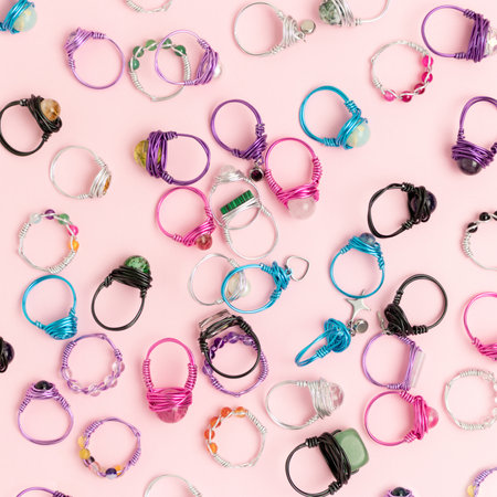 Multicolored handmade rings made of wire and natural stones scattered on a pink background.の写真素材