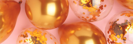 Banner with gold colored air balloons with confetti inside on a pink background. Selective focus.の写真素材