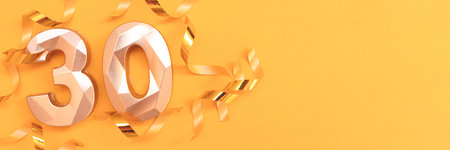 Banner with golden number 30 and ribbons on a yellow background.