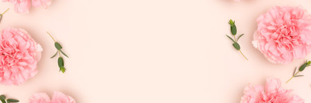 Banner with carnation flowers and eucalyptus branches scattered on a beige background.の写真素材