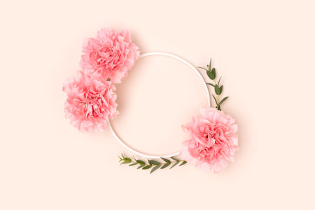 Round frame made of pink carnation flowers and green eucalyptus branches on a beige background. Floral concept.の写真素材