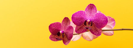 Banner with pink orchid flower in front of yellow background.の写真素材