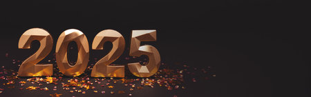 2025 New Year banner. Golden numbers and metallic stars confetti in front of black background.