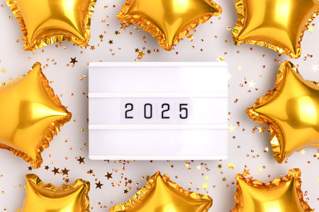 New Year concept with 2025 numbers on a gray background. Lightbox with frame made of golden stars confetti and air balloons.の写真素材