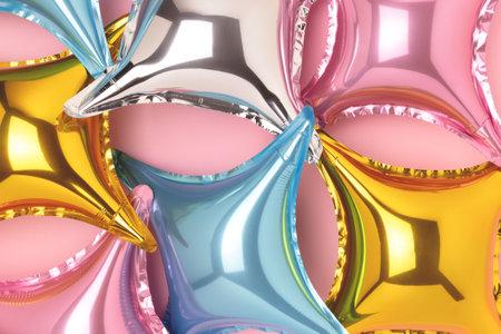 Texture made of multicolored foil star balloons on a pink background. Festive creative backdrop.の写真素材