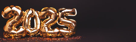 2025 New Year composition with copy space. Banner with golden balloons and confetti in front of...