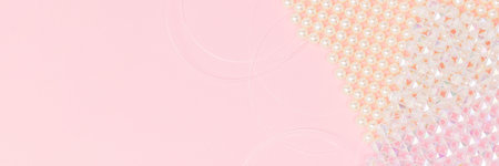 Details for beaded handbag on a pink background. Banner with place for text.