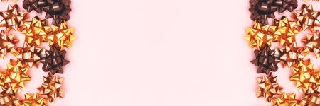 Banner with bows made from golden ribbons on a pink background. Border frame with place for text.