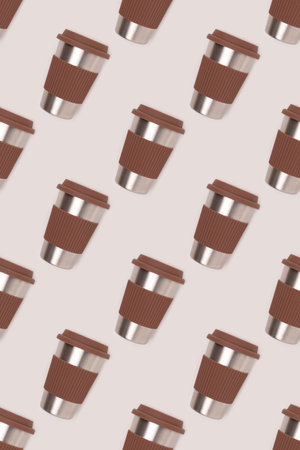 Repetitive pattern made of reusable coffee cup on a gray background. Take away drinks concept.