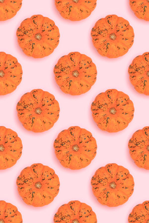 Repetitive pattern made of small orange pumpkin on a pink background.の写真素材