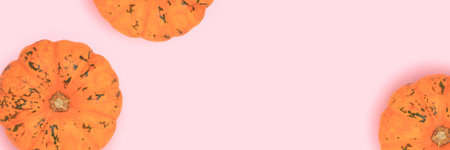 Banner with orange pumpkins on a pink background with copy space.の写真素材