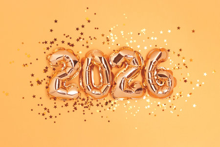 2026 New Year monochrome concept. Golden numbers balloons and shiny stars confetti.