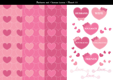Pattern set of pink heart background with bonus iconsのイラスト素材
