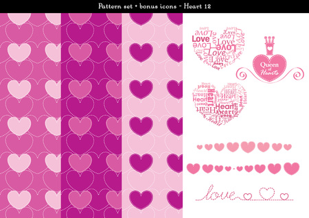 Pattern set of pink heart background with bonus iconsのイラスト素材