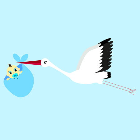 cartoon vector illustration of a stork delivering a newborn baby boyのイラスト素材