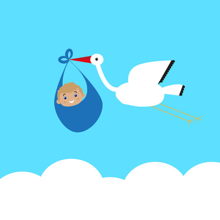 Stork carries a baby in bags above the clouds, congratulations on the completion of the familyのイラスト素材