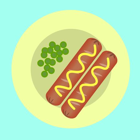 two sausages and peas on a plate for breakfast, a quick snackのイラスト素材