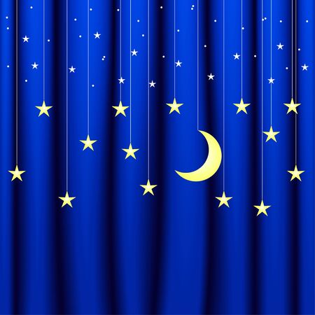 Background conceptual image of blue curtain with stars of different sizes and moon, theaterのイラスト素材