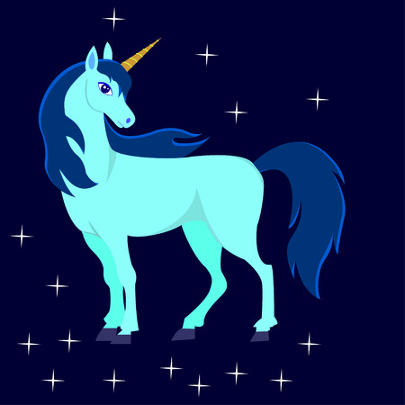 Beautiful cartoon the Unicorn character with the stars on a blue background.のイラスト素材