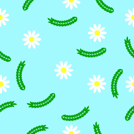Floral seamless pattern of daisies and branches with leaves on a blue background in retro styleのイラスト素材