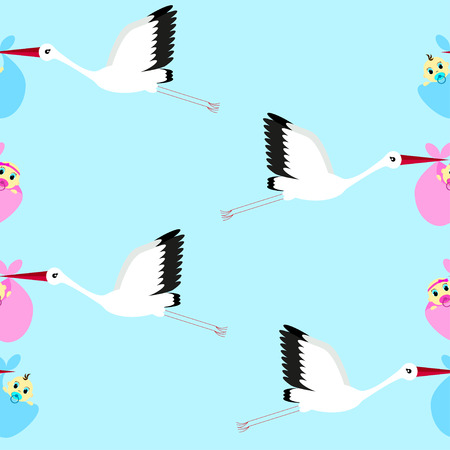Seamless background with storks carrying infants on a sky background, blue backgroundのイラスト素材