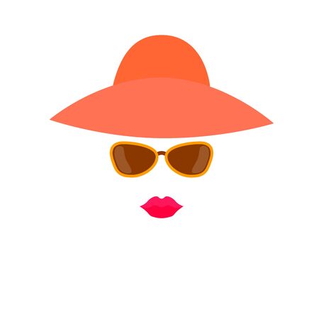 Stylized woman face from design elements - hat, sunglasses and lips. Simple and stylish abstract female face.のイラスト素材
