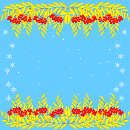 Frame with branches and berries of mountain ash, ornamental, on background of snow. Template for invitations, greetings. Winter.のイラスト素材