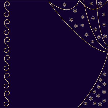 Christmas background with curtains, snowflakes and doodles in gold color on a dark blue backgroundのイラスト素材