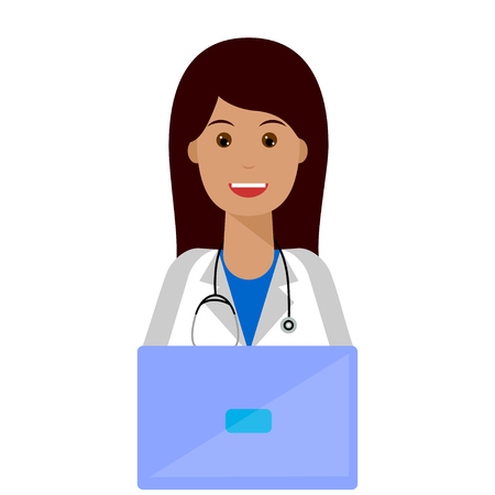 Young smiling female doctor sitting at the desk and writing. Isolated on white background.のイラスト素材