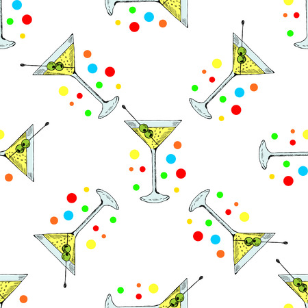 Martini with olive in glass hand drawn ink sketch, isolated, in color. Alcoholic cocktails sketch elements illustration. Seamless pattern.のイラスト素材