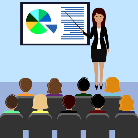 Business woman in suit making presentation explaining chart on board. Business seminar, lecture, training. Flat style illustration, on blue background.のイラスト素材