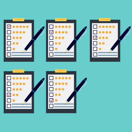 Questionnaire, customer feedback statistics, set. Concept illustration of customer testimonials, business, vote and feedback, reviews and support, rating. Technology and methods of voting.のイラスト素材