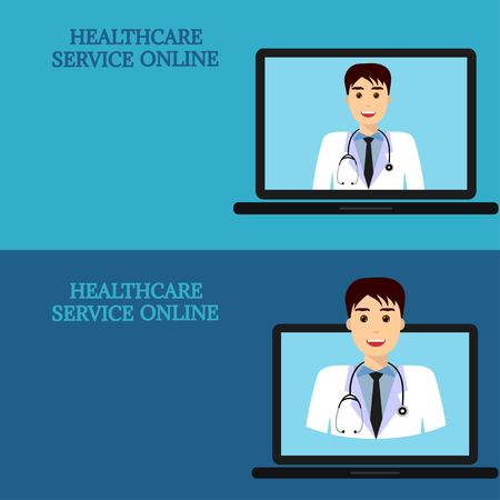 Horizontal medical banners. Medical advice online. Telemedicine. Doctor on laptop screen. Template with space for text.のイラスト素材