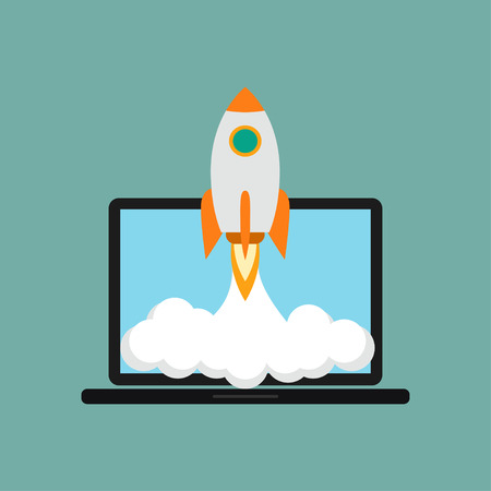 Development with gadget design, flat concept background with rocket. The spacecraft and laptop - concept of business start-up, launch.のイラスト素材