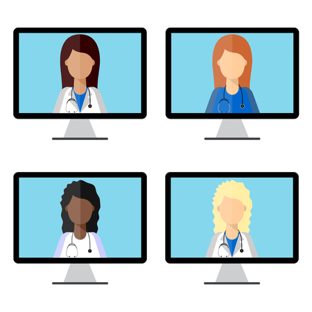4 Woman doctor on computer monitor, iconのイラスト素材