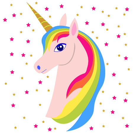 Pink unicorn head with rainbow mane and horn, with stars, isolated on white. Fun cartoon icon design illustration with unicorn in 80s-90s style.のイラスト素材
