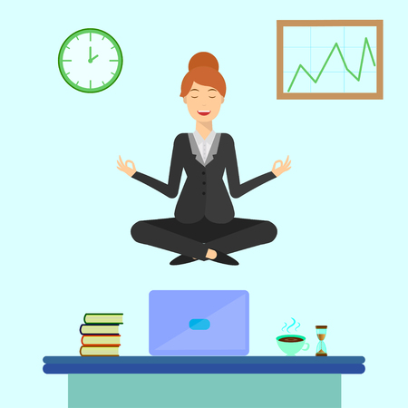 Yoga business woman meditating in lotus pose over table in office room. Young smiling woman doing yoga, get calm at workplace. Relax, meditation concept in flat design. Search solution, brainstormingのイラスト素材