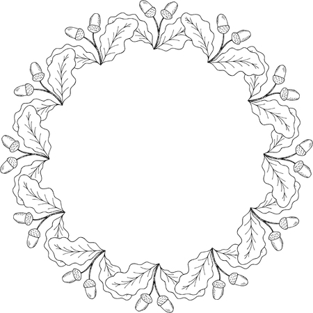 Oak leaf and acorn branch. Autumn frame. Hand drawn ink botanical illustration. Vintage fall seasonal border in sketch style. Template, mock up for label, sign, icon, banner, seasonal decor, stickerのイラスト素材